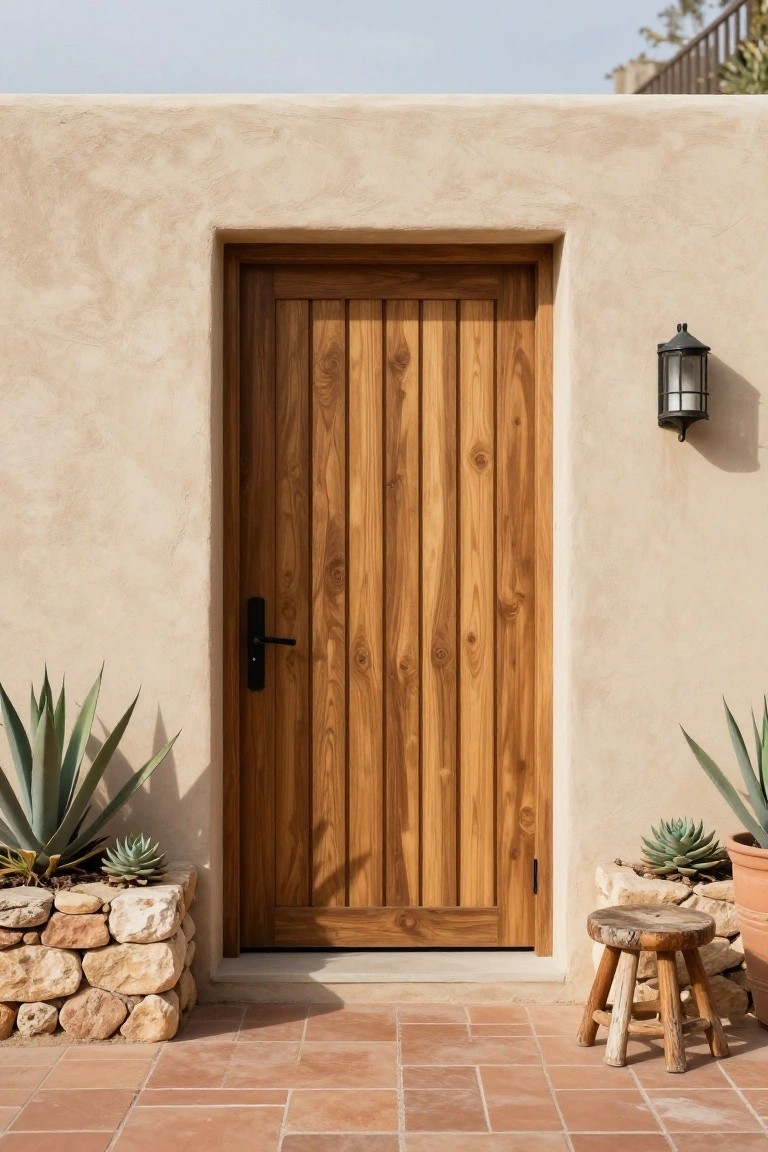 Beige stucco wall framing a tall wooden front door with vertical planks and black handle, flanked by agave plants in rock planters, a wall-mounted lantern, potted succulent, and wooden stool on terracotta tile patio.