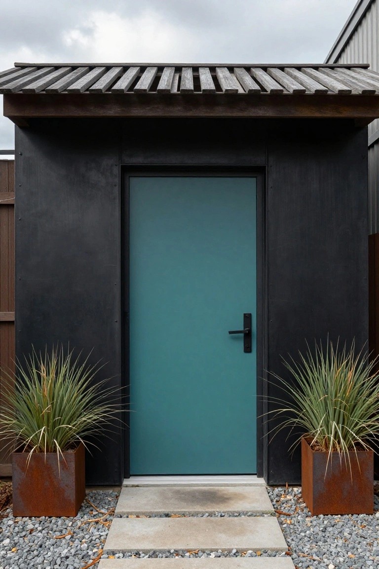 Small modern shed with black walls and slatted wood roof, featuring a centered turquoise front door with black handle, flanked by two rust metal planters with grasses, concrete steps, and gravel path.