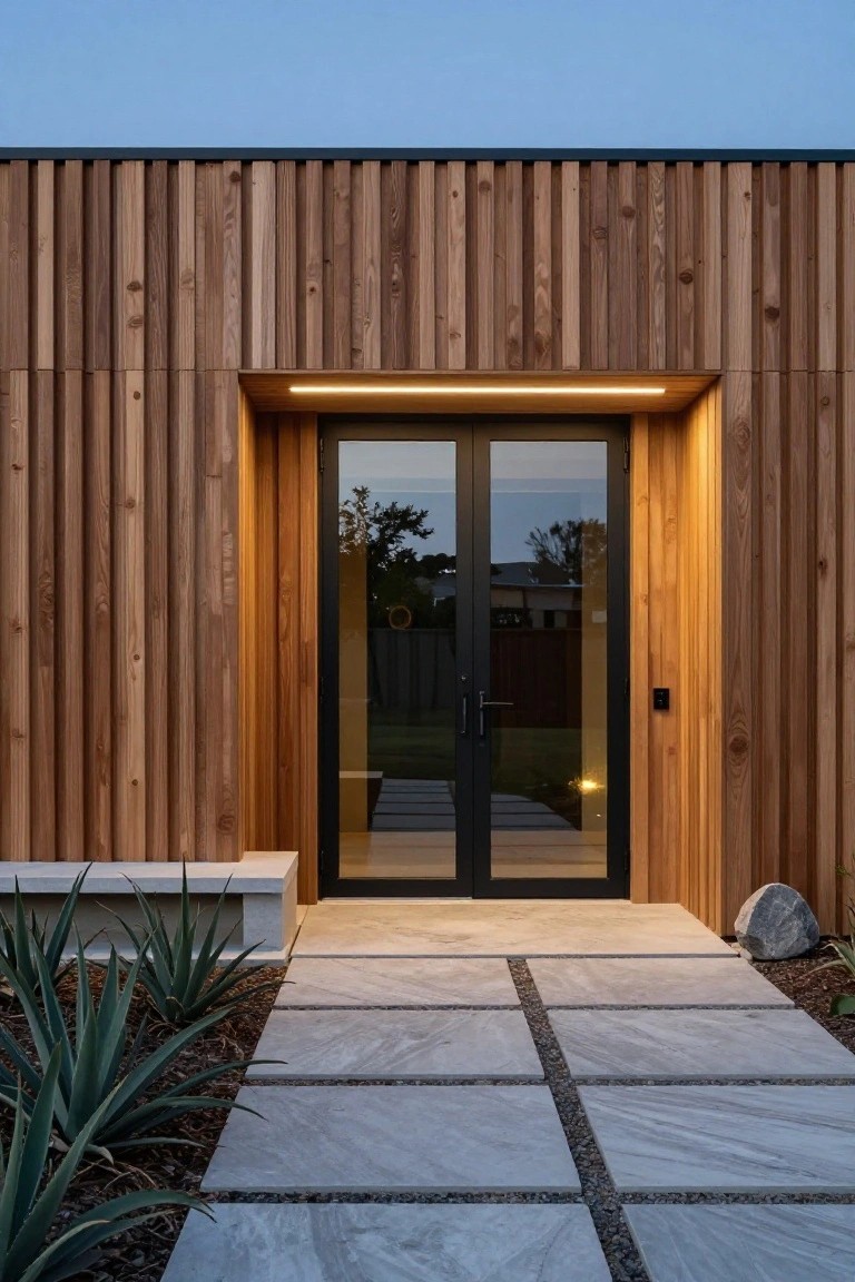 Modern house front entrance with vertical wood slat cladding on walls, black-framed double glass doors, overhead LED strip light, concrete bench with agave plants, stone paver pathway, and large rock at dusk.