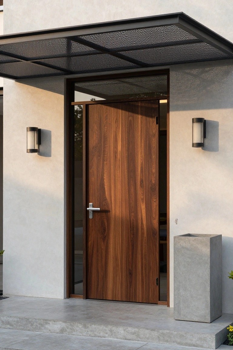 Modern house front entrance with tall walnut wood door, slim silver handle, glass sidelight, black metal mesh canopy awning, cylindrical black wall lights, concrete planter, on stucco wall with concrete steps.