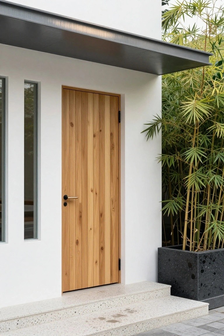 Modern house front with light vertical-plank wooden door and black handle on white wall, slim vertical windows, gray metal overhang, bamboo plants in black pot, and light stone steps.