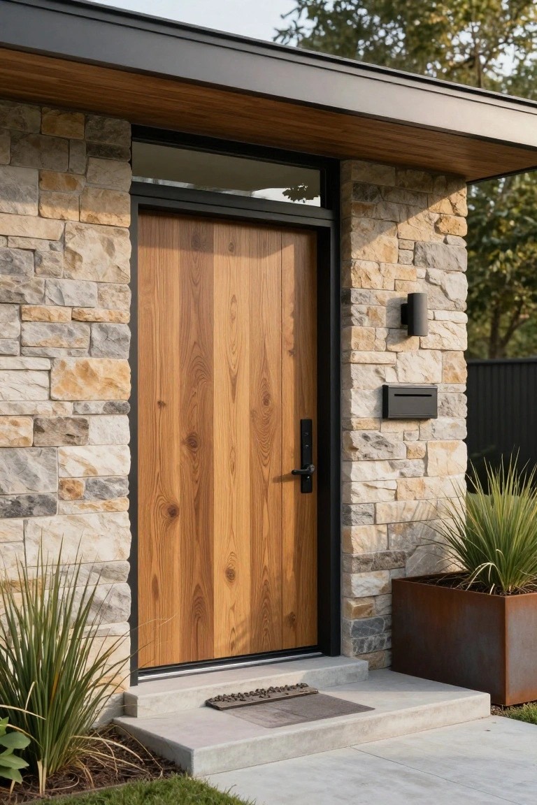 Modern house front entrance with tall wooden door in black metal frame against stacked stone wall, black wall light, mailbox, potted grasses in metal planter, concrete steps, and doormat.