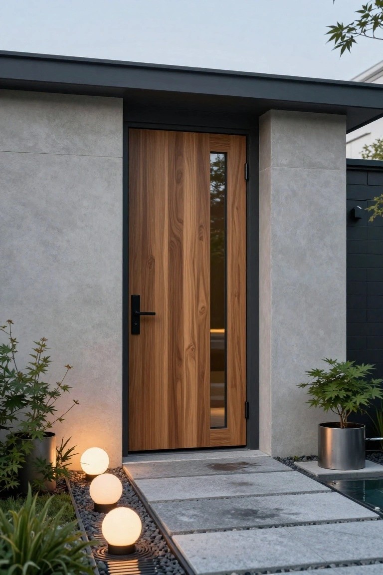 Modern house entrance with a tall wooden front door featuring a narrow vertical glass panel, flanked by gray concrete walls and pillars, a stone pathway lined with white globe lights, gravel borders, plants, and a small water feature nearby.