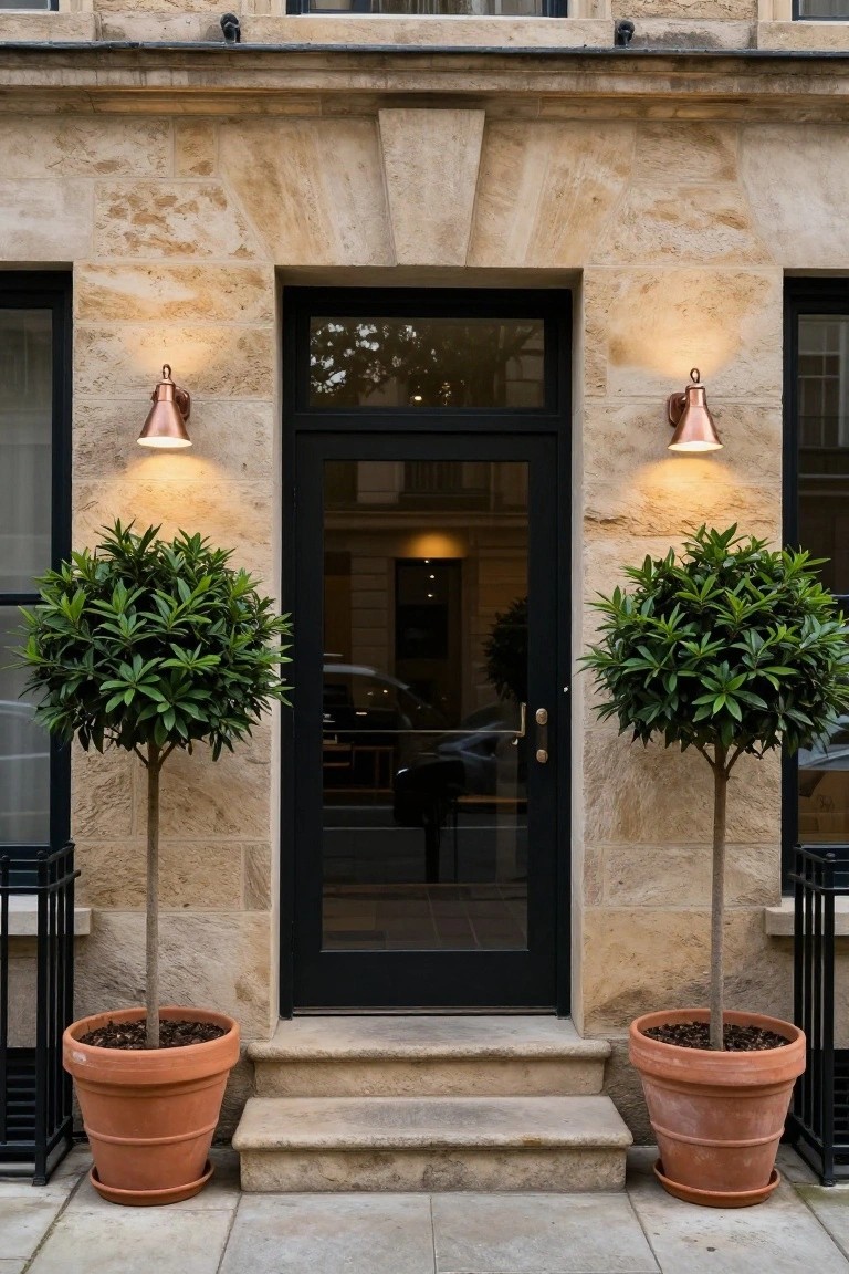 Beige stone townhouse facade with central black glass front door, flanked by matching copper cone-shaped wall sconces and large terracotta pots containing trimmed evergreen trees on stone steps.