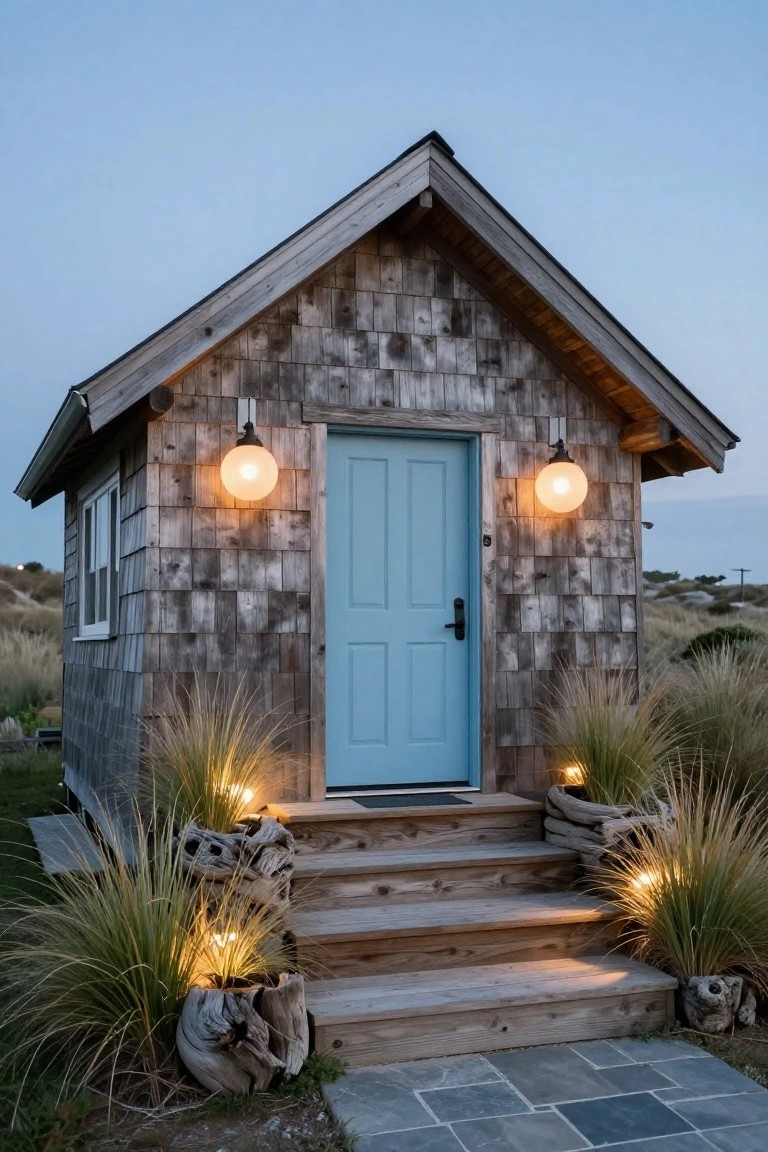 Small weathered shingle house with blue front door flanked by two lit white globe lanterns, wooden steps, potted grasses in driftwood, and stone path at dusk.