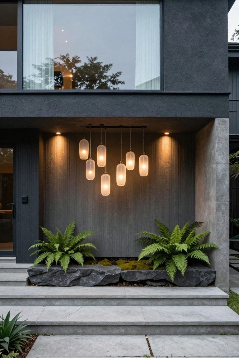 Modern house entrance with hanging pendant lights and ferns on stone steps.