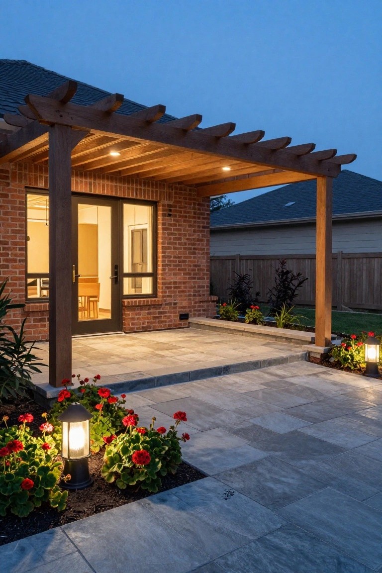 Dusk photo of a brick house entry under a wooden pergola-covered patio with gray paver flooring, two black lantern path lights surrounded by red geranium plants in beds, additional landscaping, and a lit interior visible through glass doors.