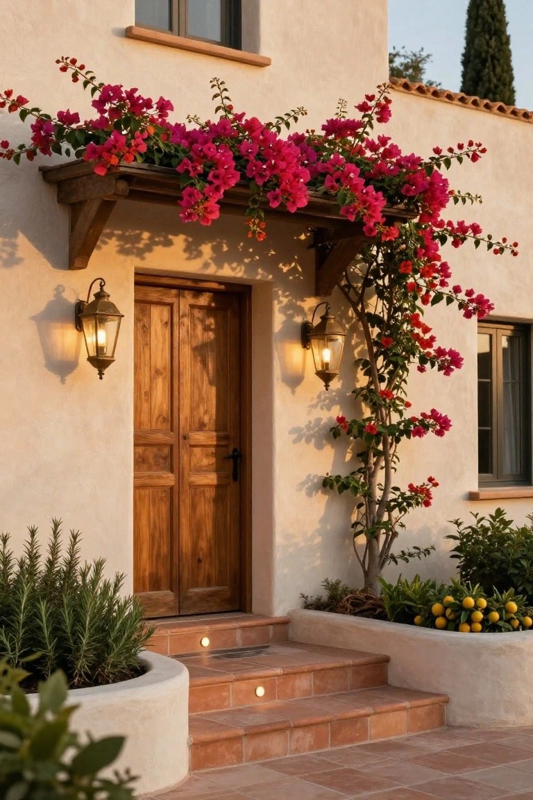 Beige stucco house exterior with wooden double front door centered under a pergola draped in pink bougainvillea, flanked by two lit lantern-style wall sconces, potted rosemary and citrus plants nearby, and terracotta steps leading up.