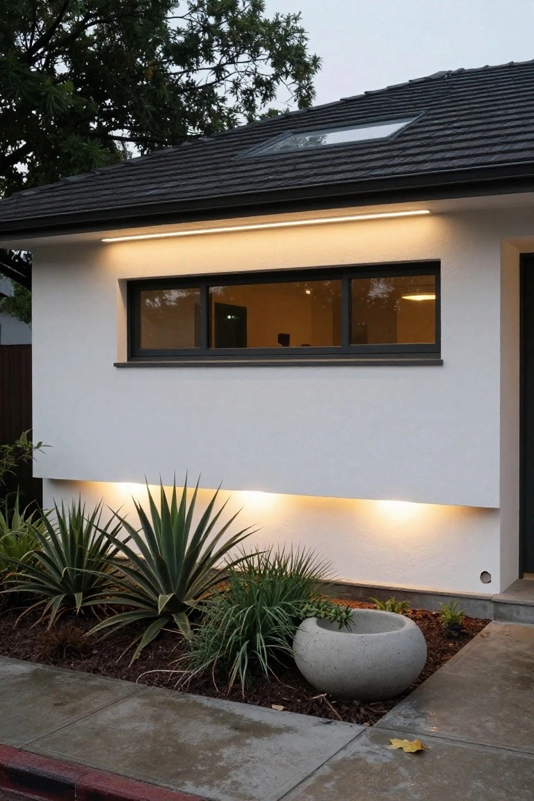 White stucco modern house exterior with black roof and window frames, linear LED light strip under the eave above a horizontal window, uplights illuminating agave plants and a concrete planter pot next to a concrete pathway.
