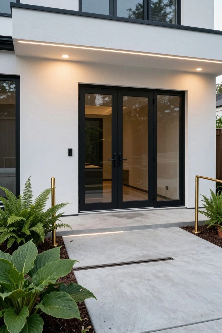 Modern white house facade with black-framed glass double doors at the entrance, LED strip lighting under the overhang, recessed ceiling lights, gold bollards, ferns, and hostas beside a concrete pathway with a linear drain.