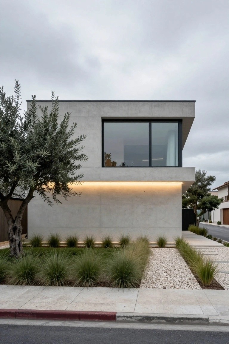 Gray stucco modern house exterior with black-framed large window, thin horizontal LED light strip along upper edge, olive tree, grasses and pebble landscaping in front yard, and sidewalk curb.