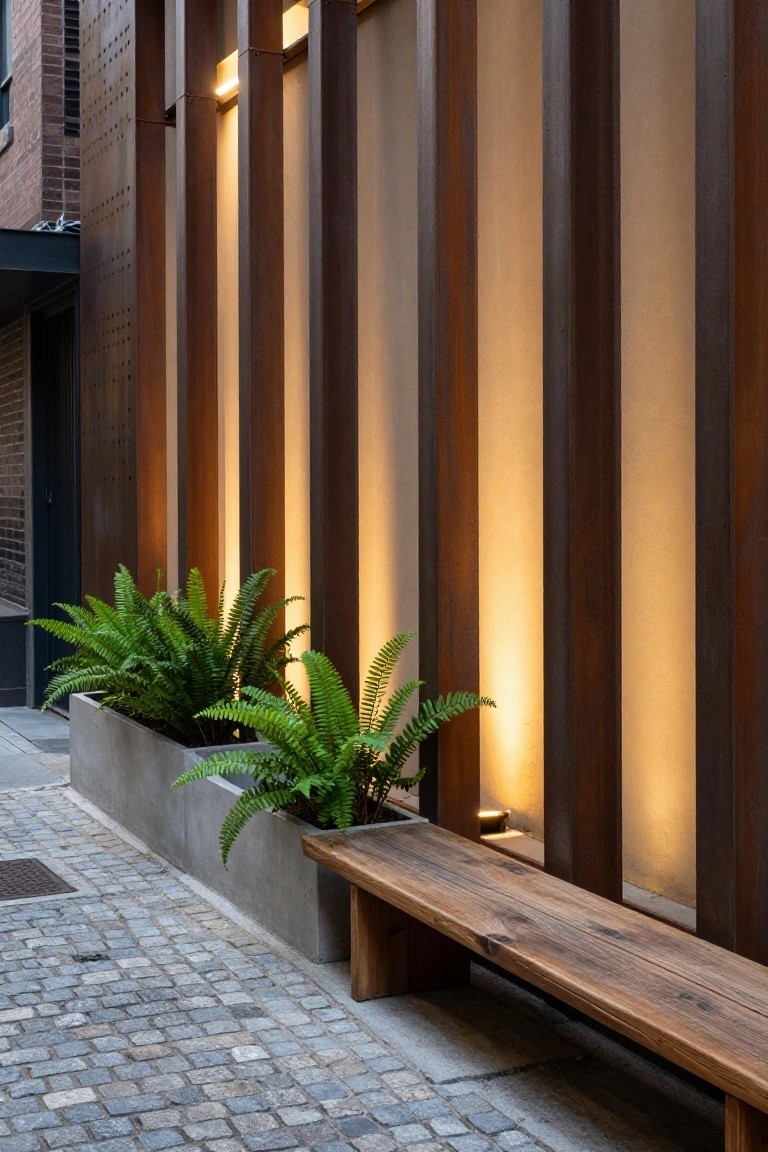 Modern house exterior wall with vertical wooden slats backlit by recessed linear LED lights creating a warm glow, concrete planter with ferns, wooden bench, and cobblestone path.