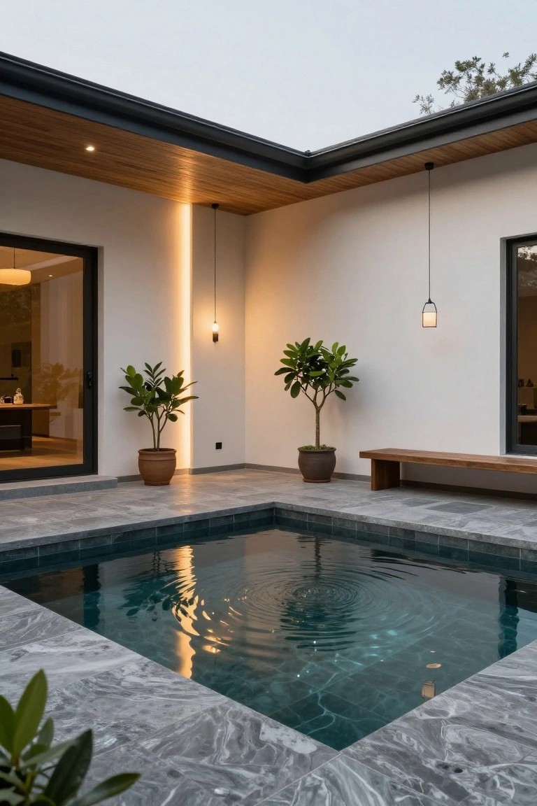 Modern courtyard with square turquoise pool on gray marble tiles, two potted ficus trees, wooden bench, glass doors to white interior, linear wall light on wall, and hanging pendant lights at dusk.
