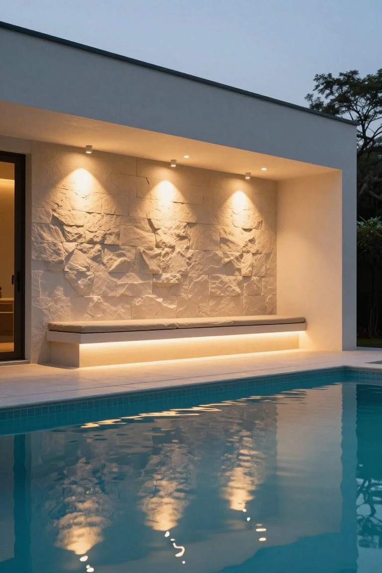 Outdoor poolside bench built into a textured stone wall, illuminated by three recessed ceiling spotlights and an under-bench LED strip, with a modern house facade and turquoise pool water reflecting the lights at dusk.