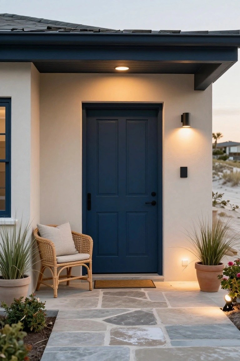 Modern beach house entry with navy blue double door, white stucco walls, black wall sconces and recessed lights casting warm glow, wicker chair with cushion, potted grasses and plants, stone paver pathway at dusk.