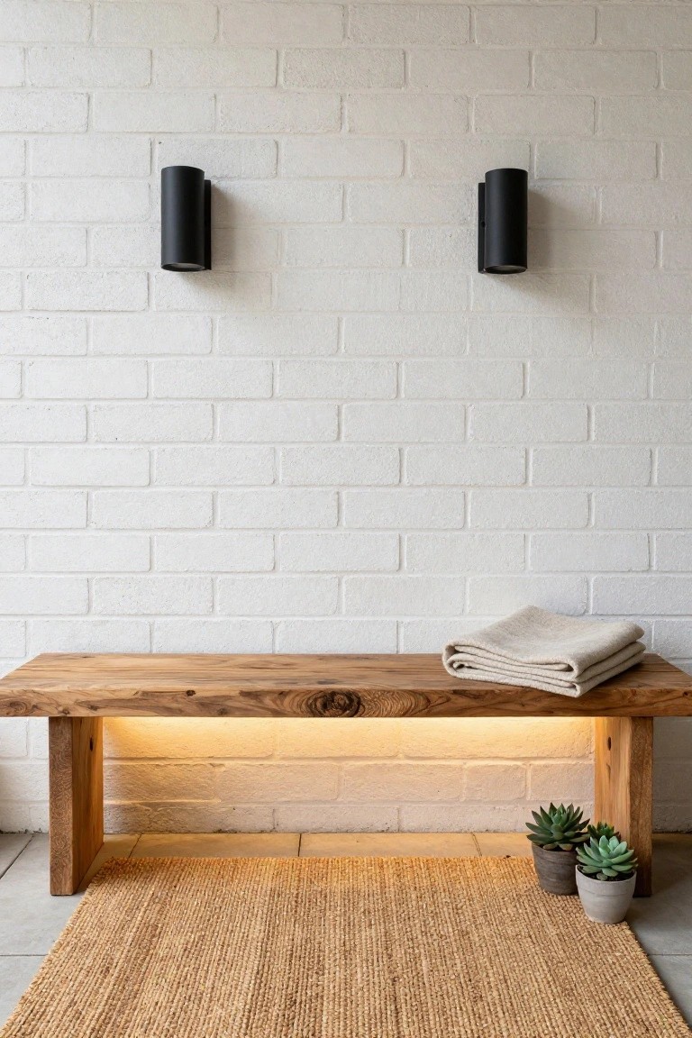 Wooden bench with LED underlighting against white brick wall with black cylindrical sconces on either side, potted succulents, and seagrass rug on tiled floor.