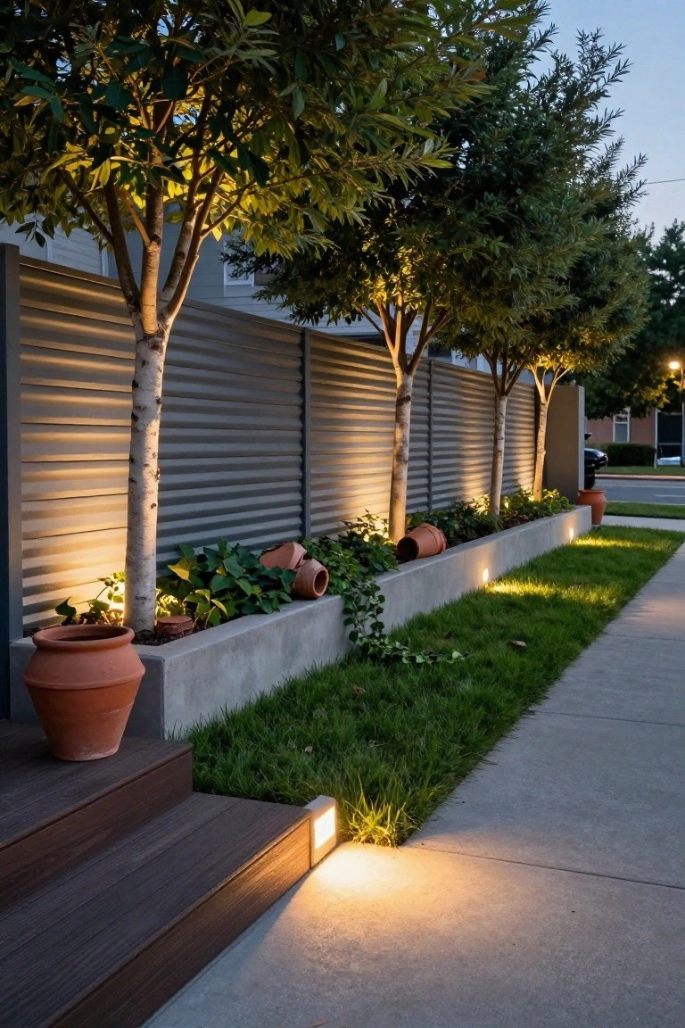 Dusk view of a house side yard with uplit white-barked trees against a gray corrugated metal fence, terracotta pots in a concrete raised bed, grass beside a sidewalk, wooden steps, and ground lights.
