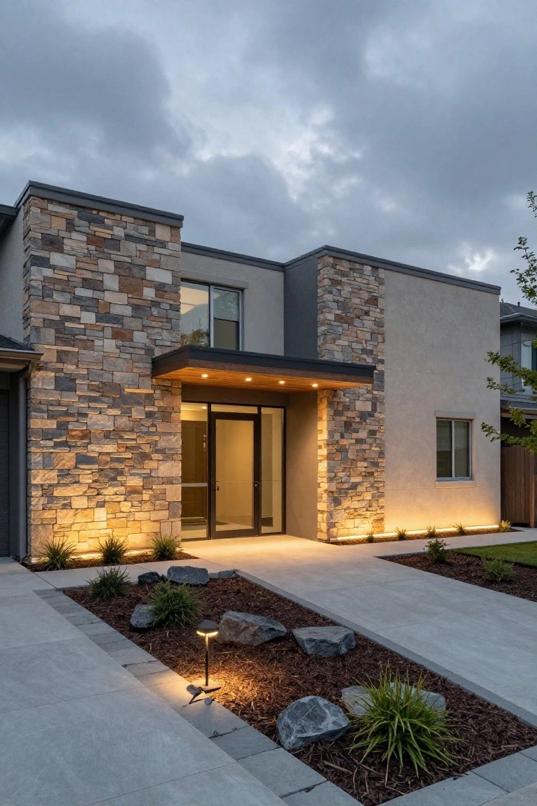 Modern house exterior at dusk with tall stacked stone pillars flanking a glass entry door under a wooden canopy, illuminated by linear LED uplights at the base and pathway bollard lights amid landscaped gravel beds.