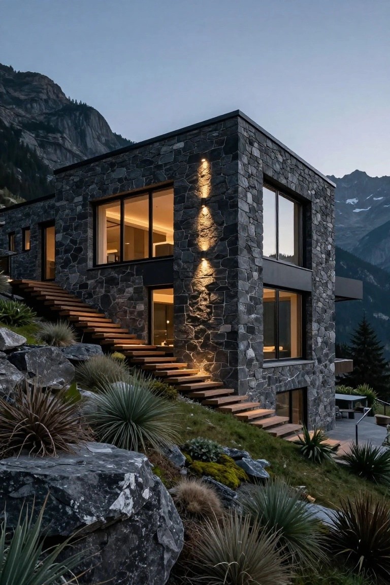 Modern cuboid stone house on a steep rocky hillside with large glass windows, wooden stairs ascending to the entrance, wall-mounted uplights illuminating the facade, and agave plants nearby at twilight with mountains in the background.