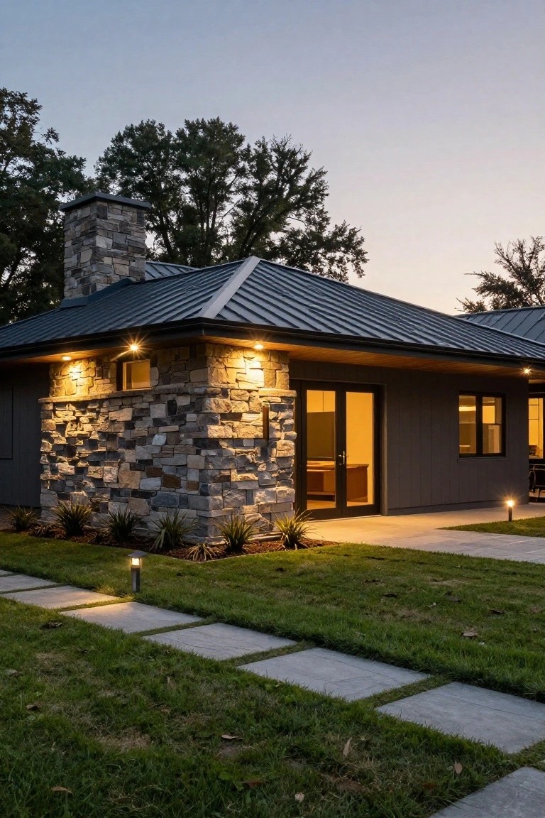 Corner of a modern house exterior with stacked stone chimney and walls illuminated by uplights, glass entry doors, metal roof, pathway with bollard lights, grass lawn, and low plants at dusk.