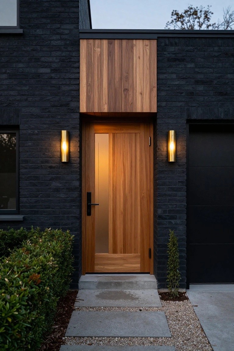 Black brick house facade with vertical wooden cladding above the entry, a wooden front door with glass panel and black handle, flanked by tall cylindrical brass wall sconces, a dark garage door to the right, boxwood shrubs, and concrete path with gravel.