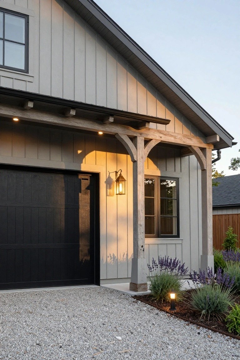 Side view of a gray board-and-batten garage area on a house with wooden beams, black garage door, wall-mounted lantern, recessed eaves lights, gravel driveway, and lavender plants.