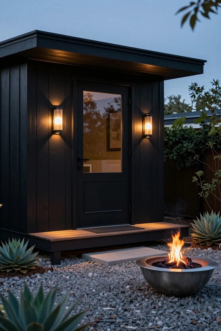 Black wooden shed structure with vertical siding and a glass-paneled door flanked by two cylindrical wall-mounted light fixtures emitting warm glows, a metal fire pit burning in the foreground amid gravel ground and agave plants at dusk.