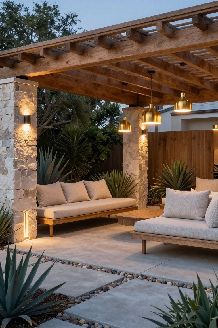 Wooden pergola-covered outdoor lounge area with beige cushioned daybeds and low table, golden pendant lights hanging from beams, black wall sconces on stone pillars, agave plants, and pebble-bordered concrete pavers.