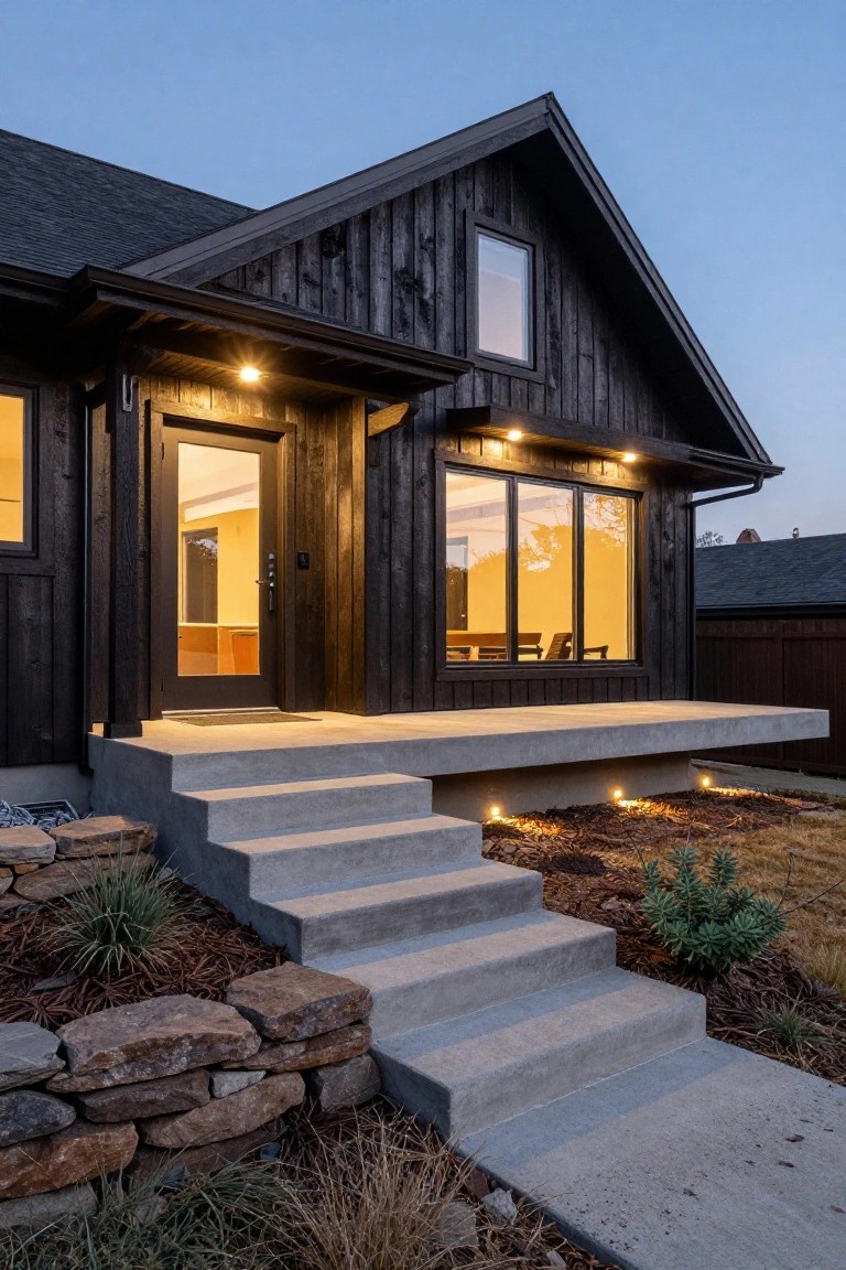 Front exterior of a dark wood house at dusk featuring warm wall-mounted lights over the entry porch, recessed step lights on concrete stairs, large windows, and rock retaining walls with plants.