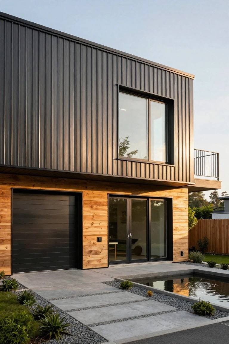 Modern two-story house exterior with black corrugated metal siding on upper facade, light wood cladding and trim on lower garage and entry area, glass balcony window, sliding doors, and front paved courtyard with reflecting pool, plants, and gravel.