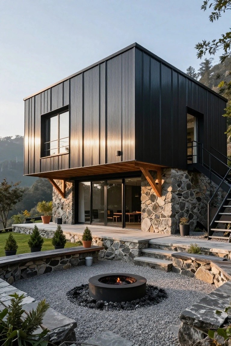 Modern boxy house with black corrugated metal cladding on upper levels, stone foundation and walls at base, large glass windows and sliding doors, wooden cantilevered overhang, metal staircase, gravel patio with central fire pit, and surrounding plants and landscape.