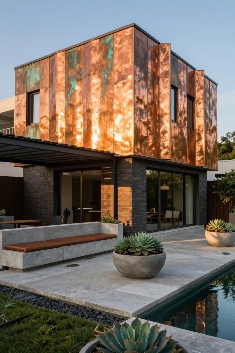 Modern house exterior with weathered copper metal panels on upper walls, black brick base, large glass doors and windows, built-in concrete bench with leather cushions, potted agave plants, and edge of a pool on a tiled patio.