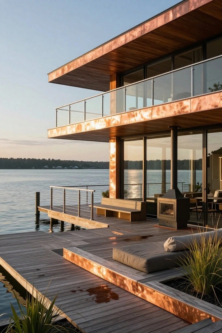 Modern two-story house with copper metal cladding, wood decking, glass walls, and a dock extending over a calm lake at dusk.
