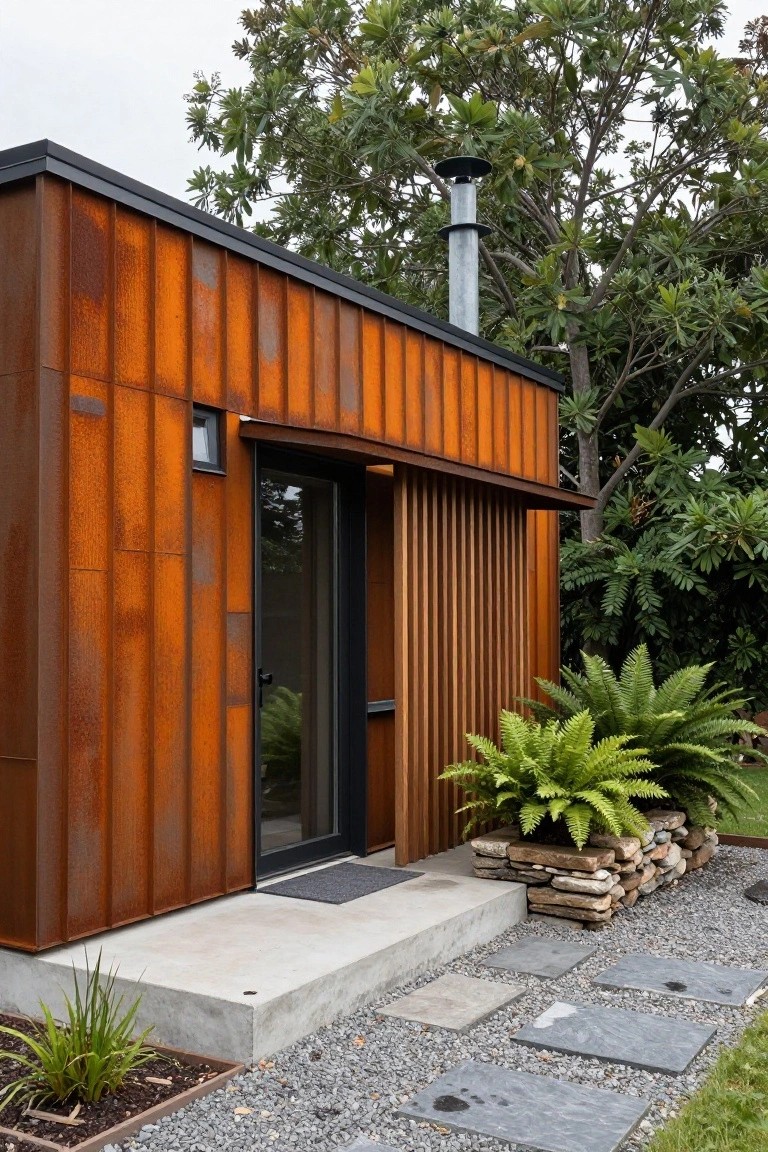 Small modern cabin with vertical rusty orange corten steel cladding, black-framed glass entry door flanked by wooden slats, metal chimney, concrete step, gravel path, stone garden bed with ferns, and surrounding trees.