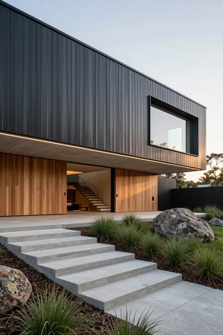 Modern house exterior with black corrugated metal wall cladding, cantilevered upper section, large vertical wood sliding door and panel, internal stairs visible, concrete steps leading up from landscaped area with grasses and boulders.