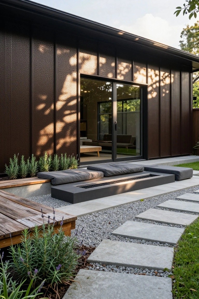 Modern house side exterior with dark textured vertical metal cladding, large sliding glass doors opening to a concrete patio featuring built-in gray seating cushions, linear fire pit, wooden benches, gravel paths, stepping stones, and herb plantings.