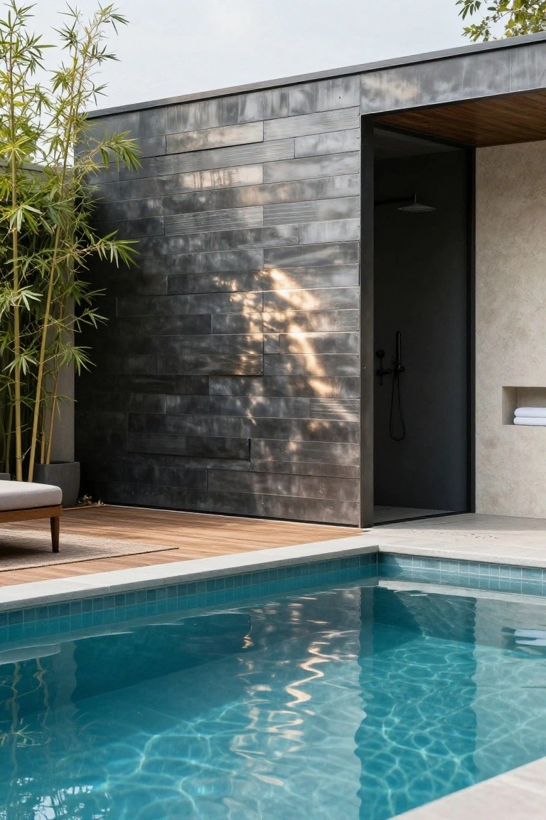 Modern house exterior wall clad in dark horizontal metal panels next to an outdoor pool, shower enclosure with black fixtures, bamboo plants in pots, wooden deck, and stacked towels on a shelf.