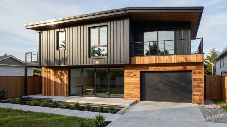 17 Modern House Exterior Metal Cladding Ideas That Look Sleek Modern two-story house exterior with black corrugated metal siding on upper facade, light wood cladding and trim on lower garage and entry area, glass balcony window, sliding doors, and front paved courtyard with reflecting pool, plants, and gravel.