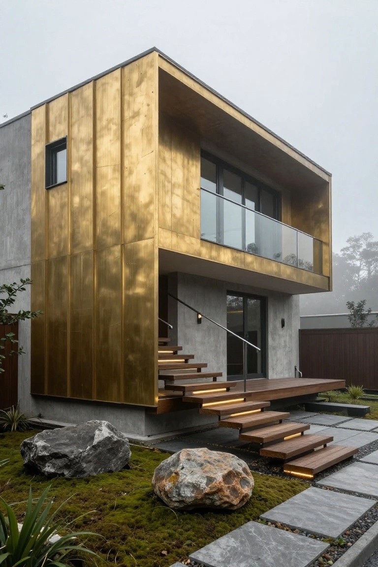 Modern two-story house exterior with gold-toned vertical metal cladding on upper walls, gray concrete base, glass balcony, wooden stairs with edge lighting, and rock garden landscaping at the front.