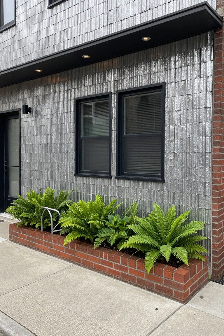 Close-up view of a modern house exterior featuring vertical silver metallic tile cladding on the wall, black-framed windows and glass door, brick planter box filled with ferns, bike rack, and recessed lighting under a black overhang.