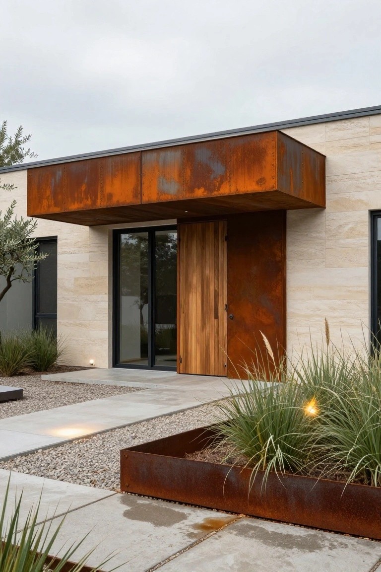Modern house facade with rusted metal overhang above a wooden entry door flanked by glass panels, light stone walls, gravel pathway, raised metal planter box with grasses, and olive tree nearby.