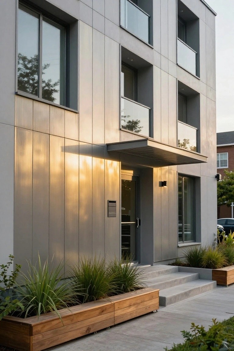 Modern multi-story house exterior featuring gray vertical metal cladding panels, large glass windows and balconies, cantilevered metal awning over a glass entry door, concrete steps leading to the entrance, wooden planters with grasses, and surrounding greenery.