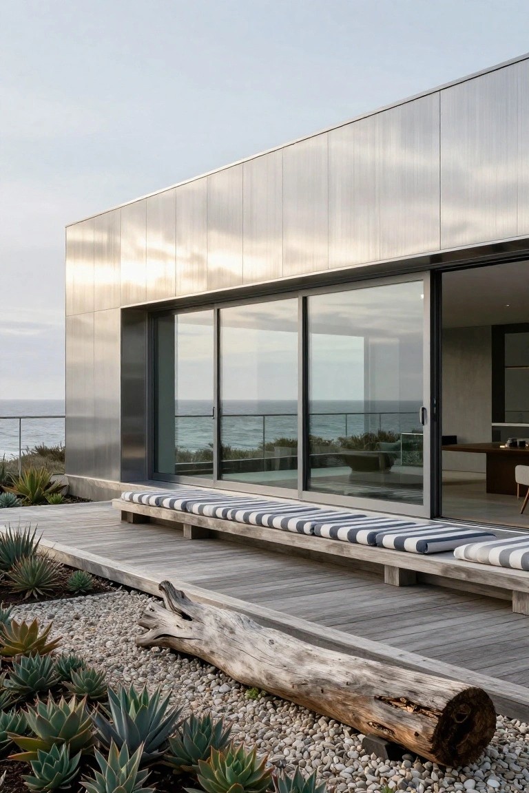 Modern house exterior featuring vertical brushed metal cladding on a tall wall, large sliding glass doors opening to a wooden deck with striped bench seating, ocean view, railing, and succulent plants in pebble beds.