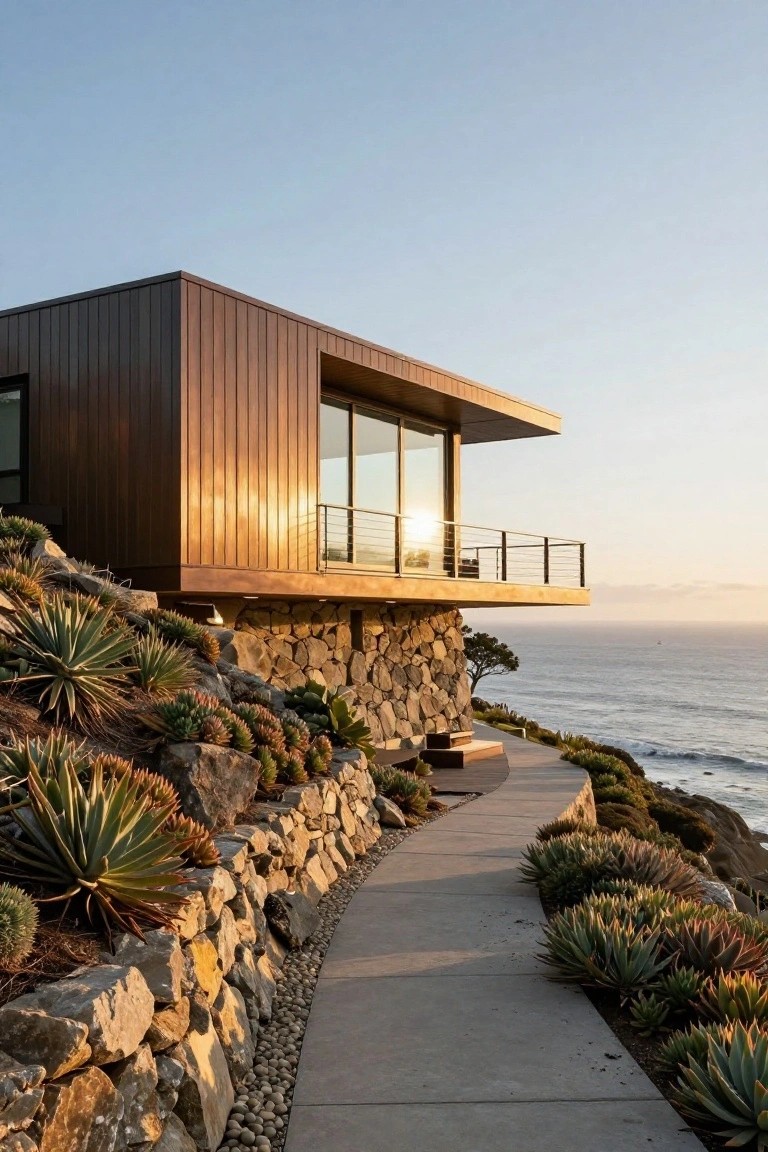 Modern rectangular house with brown vertical metal cladding and large glass windows, cantilevered over a rocky cliff with ocean view, stone retaining walls, and succulent plantings along a concrete path.