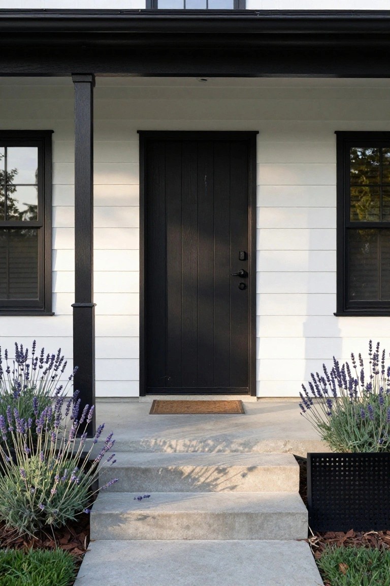 Front view of a two-story white clapboard house with black-framed windows, a centered black paneled door, wooden post on a porch, concrete steps, doormat, and lavender plants on both sides.