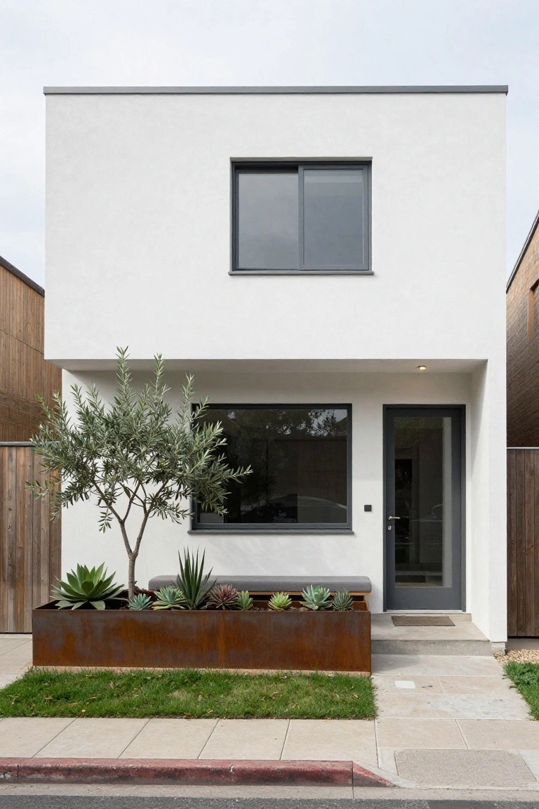 White stucco two-story house with flat roof and grey trim on a narrow urban lot, featuring a dark-framed upper sliding window, lower large dark window and glass entry door, rust steel planter with agave plants and olive tree, built-in bench, grass strip, and concrete path.