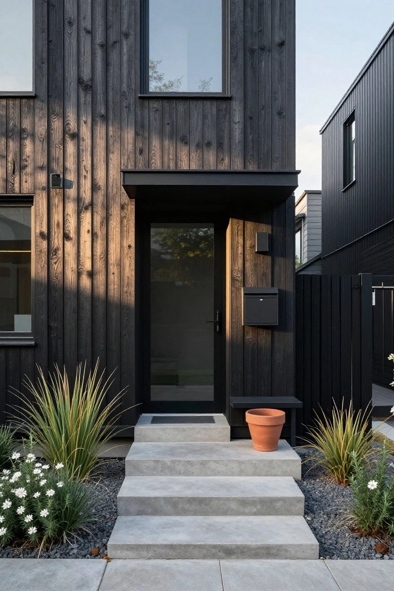 Narrow modern house exterior with black wood cladding, recessed glass entry door under metal overhang, concrete steps leading up, flanked by ornamental grasses and gravel, terracotta pot nearby, black mailbox on fence.