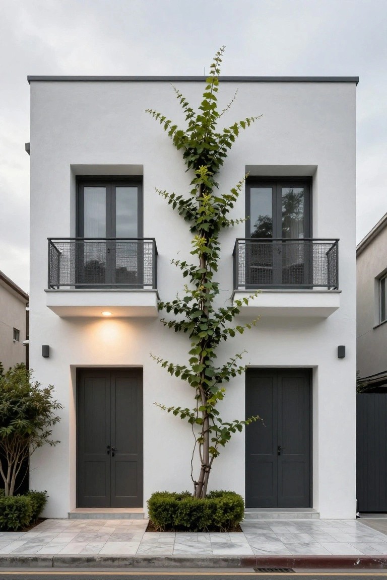 Modern white building with dark doors, balconies, and tall climbing plant.