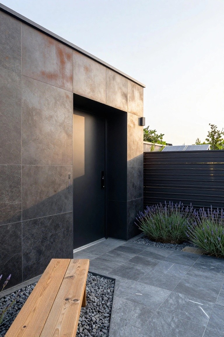Modern house exterior with dark textured tile cladding, recessed black entry door, wooden bench, lavender plants in gravel bed, and gray slate pavers beside a dark fence.