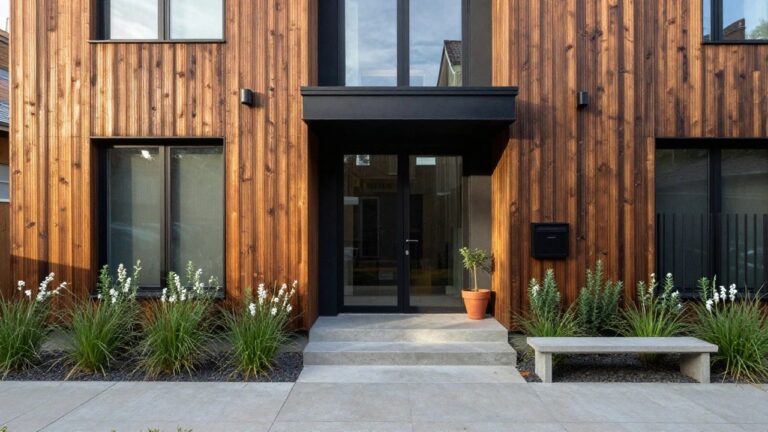 15 Modern House Exterior Narrow Lot Designs That Work Smartly Narrow modern house exterior with black wood cladding, recessed glass entry door under metal overhang, concrete steps leading up, flanked by ornamental grasses and gravel, terracotta pot nearby, black mailbox on fence.